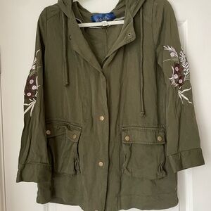 Blue Rain Green Utility Jacket with Floral Embroidery